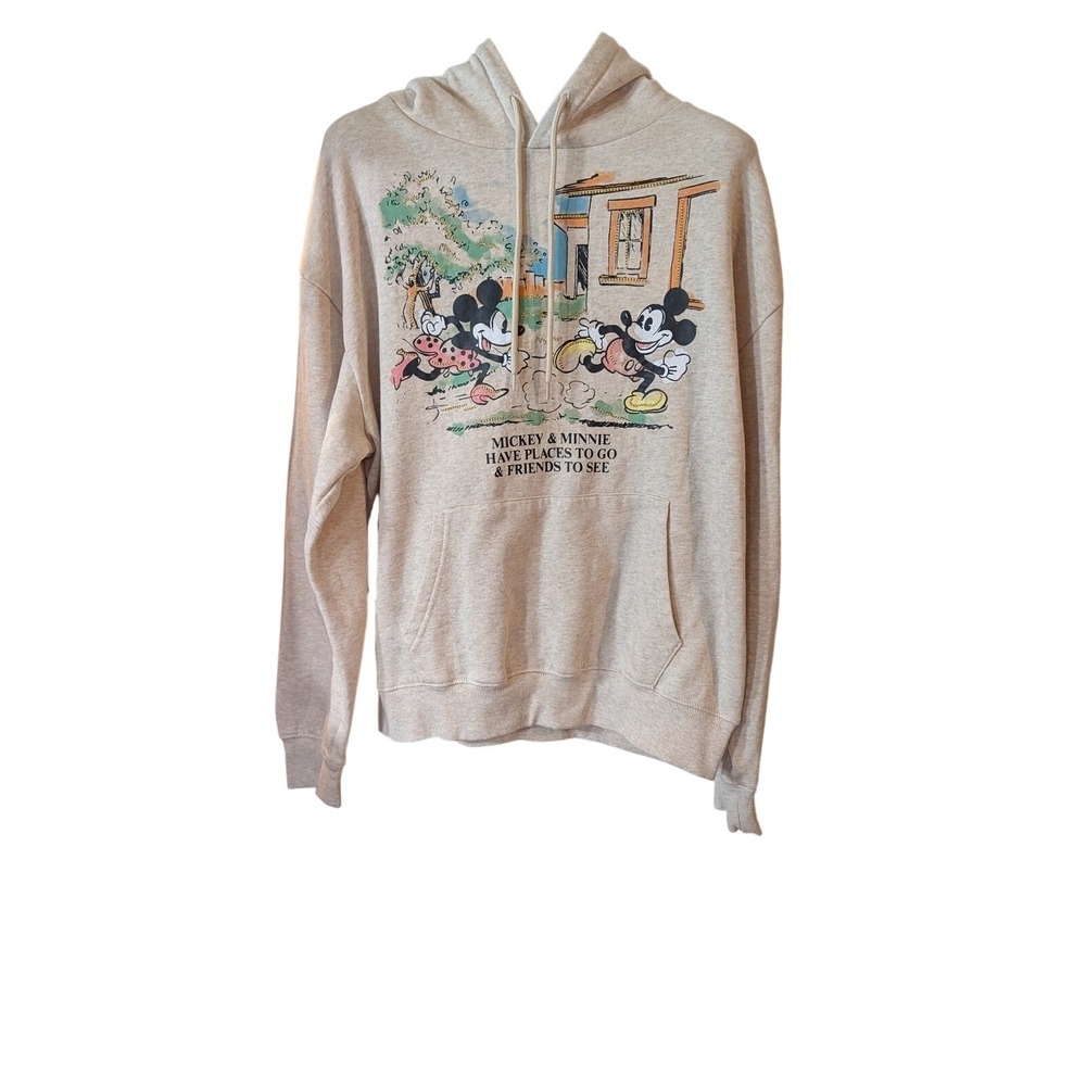 Disney Mickey Minnie Mouse Oatmeal Heather Graphic Hoodie Sweatshirt Large